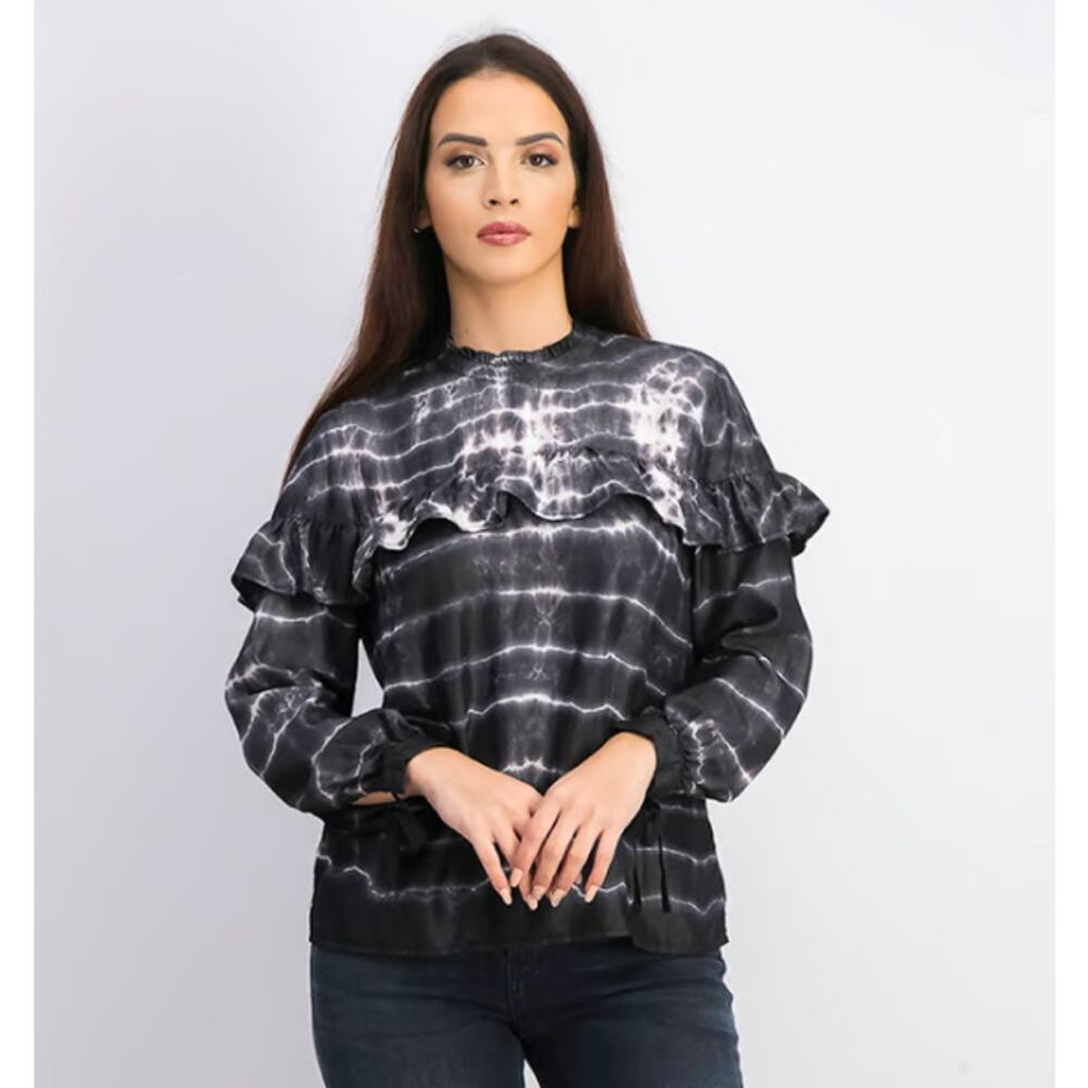 MANGO Navy Tie Dye Ruffle Long Sleeve Knot Wrist Blouse M Feminine Trendy